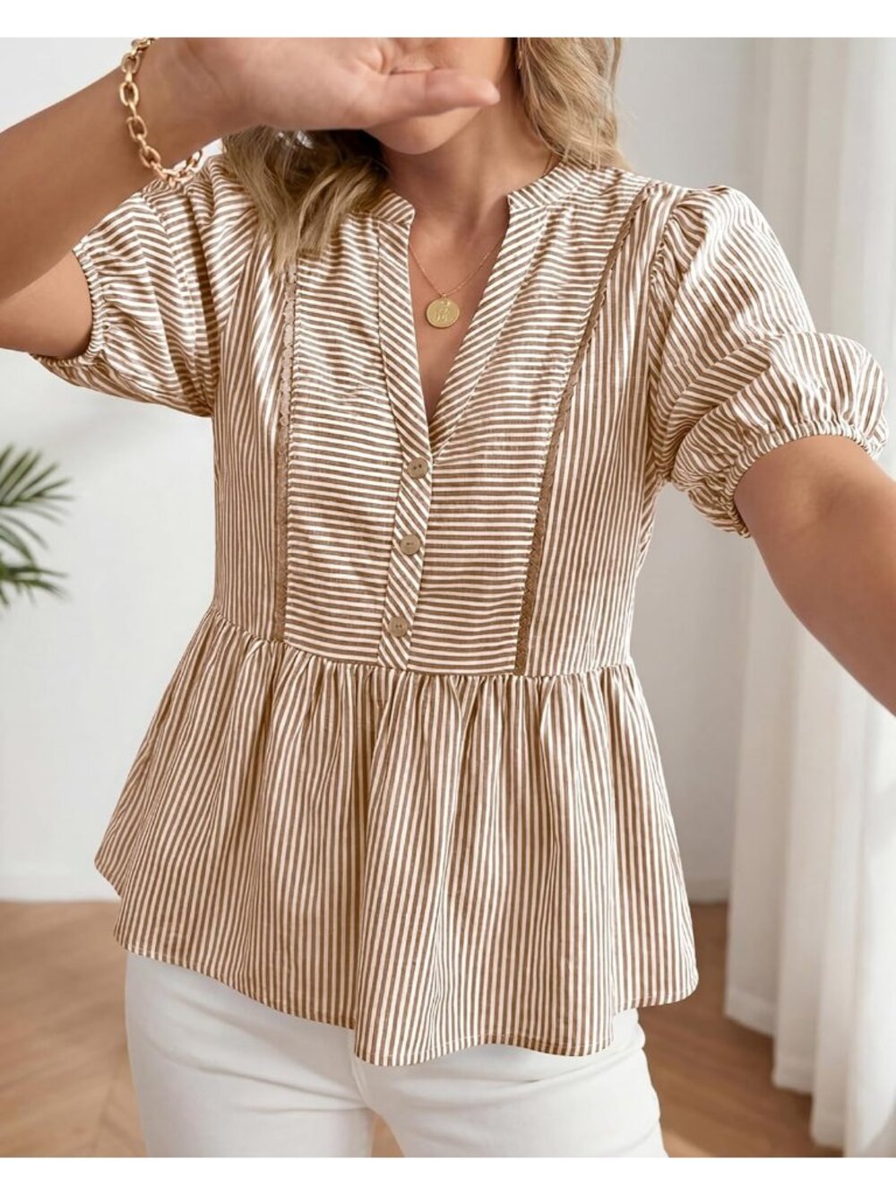 Women's Summer Tops Brown Lantern Short Sleeve V Neck Button Peplum Shirts - Picture 6 of 6